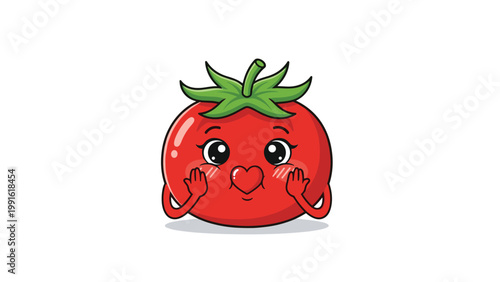 Cute and lovable cartoon tomato character with a heart-shaped mouth and blushing cheeks blowing a romantic kiss.