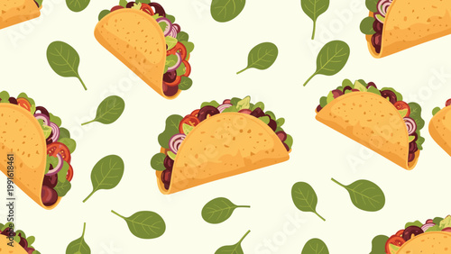 Seamless pattern of colorful mexican tacos with various fillings and green spinach leaves on a pale cream background.