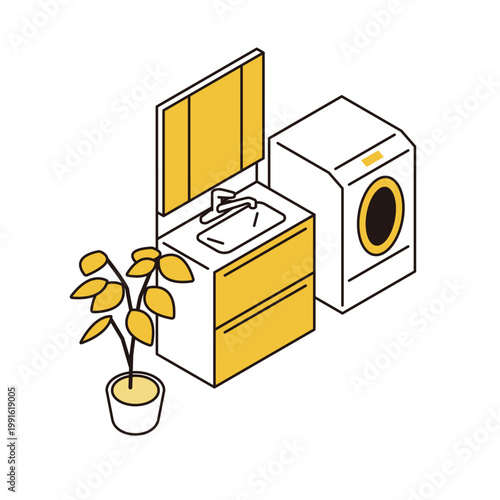 洗面台とドラム式洗濯機があるシンプルなアイソメトリックイラスト