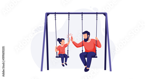 A joyful bearded father and his young daughter wearing matching red shirts share an enthusiastic high-five while sitting on swings against a soft background.