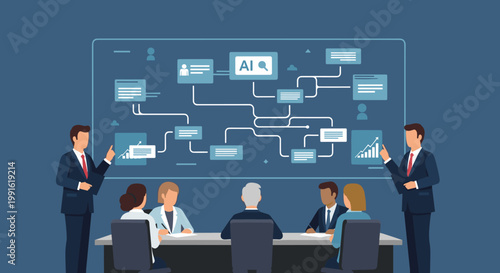 Professional business executives in dark suits conduct a strategic meeting while pointing at a sophisticated artificial intelligence flowchart on a glowing screen.
