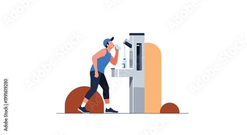 An active man wearing a blue athletic tank top refills his water bottle at a sleek modern hydration station located in a minimalist outdoor setting.