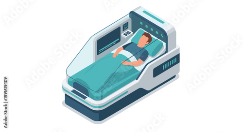 A patient rests peacefully inside a sophisticated futuristic medical pod featuring a transparent cover and an integrated digital screen for health monitoring.
