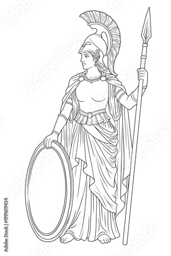 The ancient Greek goddess Athena Pallas in armor and helmet stands and holds a shield and spear in her hands.