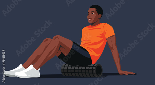 A smiling athletic man wearing a vibrant orange t-shirt performs a recovery massage using a black textured foam roller against a dark navy background.