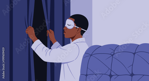 A tired man wearing a light blue sleep mask and white pajamas carefully closes thick dark blue curtains to prepare for a restful night of sleep.
