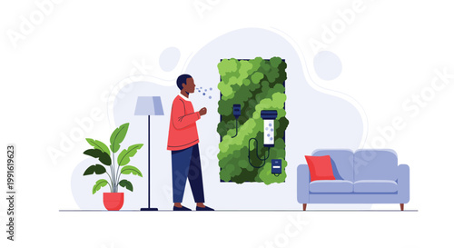 A man wearing a red sweater stands in a clean modern living room featuring a vibrant vertical plant wall and a sleek air purification system.