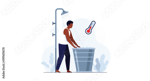 A man wearing a white tank top prepares for a cold exposure therapy session by standing under a shower head next to a large bucket filled with ice.