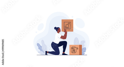 A person wearing a white t-shirt and navy leggings demonstrates the correct ergonomic squatting technique while lifting a cardboard box in a minimalist setting.