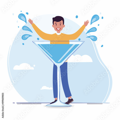 Man emerging from a giant martini glass with splashing liquid
