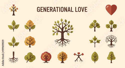 Set of Various Tree Icons Representing Generational Love Concept.