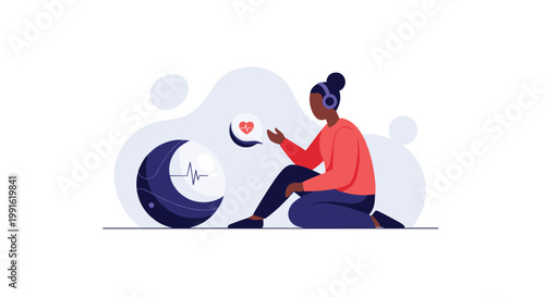 A focused individual sits on the floor interacting with a sleek spherical medical robot displaying a vibrant red heart pulse icon in a serene room.
