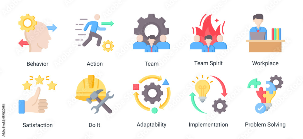 Fototapeta premium This kaizen icon set represents teamwork,workplace culture,and behavior-driven improvement.Ideal for HR,collaboration,leadership,and organizational development projects.