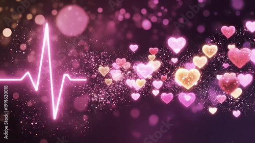 Neon Pink Heartbeat Pulse and Shimmering Hearts on Bokeh Background