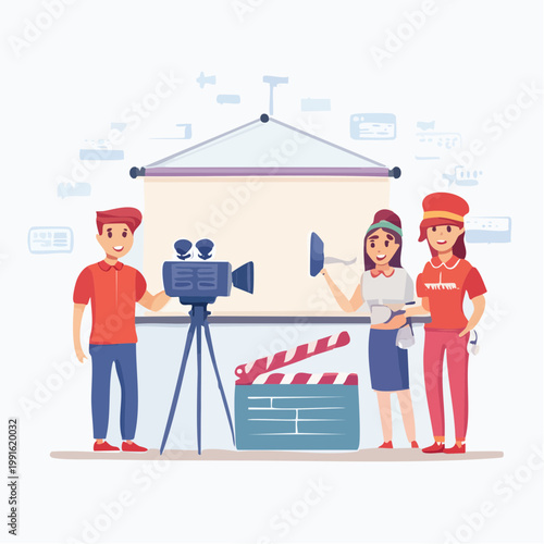 Filmmaking crew on set with camera, clapperboard, and screen