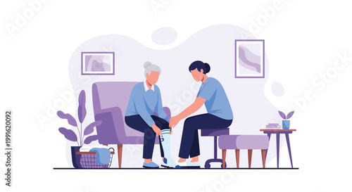 A dedicated medical assistant helps an elderly woman sit in a purple chair while carefully adjusting a white orthopedic leg brace in a clinic room.