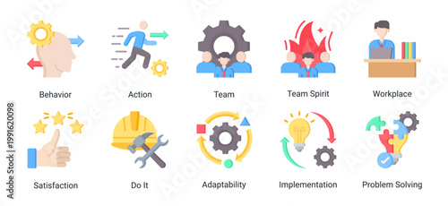 This kaizen icon set represents teamwork,workplace culture,and behavior-driven improvement.Ideal for HR,collaboration,leadership,and organizational development projects.
