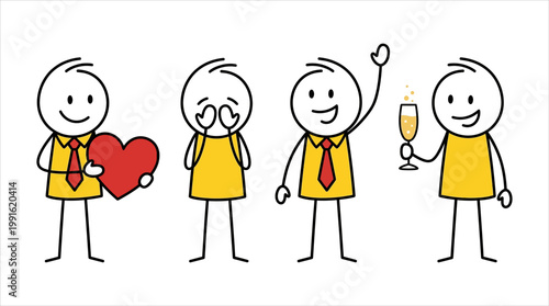 Happy stick figures celebrating and expressing emotions with a heart and champagne
