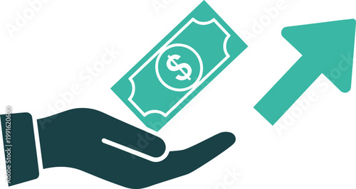 Hand holding floating dollar bill with green arrow pointing up representing financial growth and investment profit success.