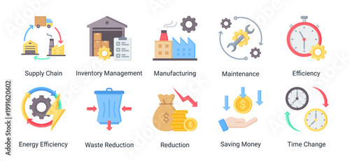 Industrial-focused icon set for operations,logistics,and efficiency improvement.Ideal for manufacturing,lean management,and process optimization projects.