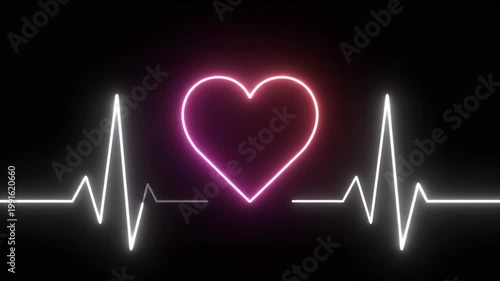 Animated heartbeat EKG line with pulsing pink neon heart on black