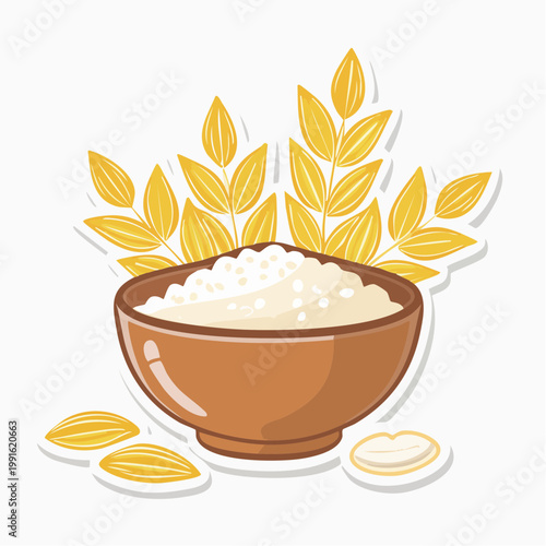 Bowl of Oatmeal with Wheat Stalks and Grains