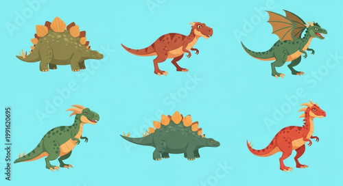 Collection of Six Cartoon Dinosaurs in Various Poses.