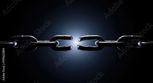 Dramatic image of a broken metal chain against a dark background symbolizing freedom or separation