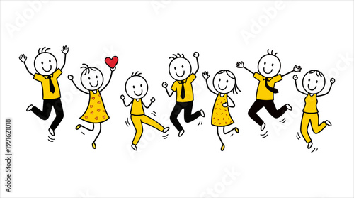 Happy stick figures jumping with joy and a red heart icon