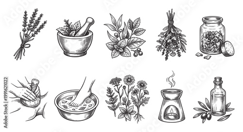 A collection of hand-drawn illustrations depicts various elements of herbal medicine and spa treatments, including lavender, mortar and pestle, herbs, foot bath, and essential oil diffuser.