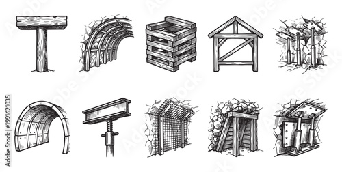A collection of hand-drawn vintage mining construction elements, including tunnels, support structures, and signs, rendered in a classic black and white sketch style for historical.