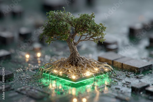 A vibrant green tree with intricate roots grows from a glowing green circuit board, symbolizing the intersection of nature and technology.