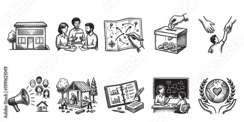 This diverse illustration set features hand-drawn sketches of a storefront, business meeting, strategy map, donation box, helping hands, megaphone, construction, financial chart, teaching.