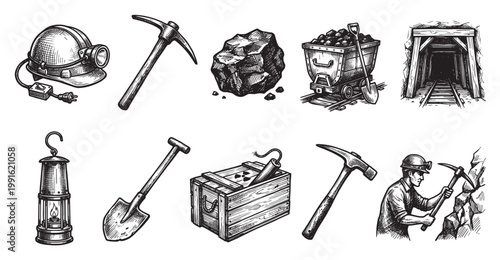 Collection of hand-drawn black and white illustrations depicting mining tools, equipment, and a miner working. This vintage style image includes a helmet, pickaxe, coal, cart, lantern, shovel.
