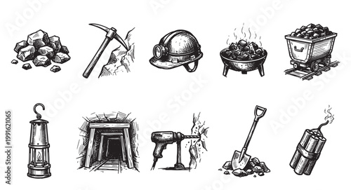 A hand-drawn collection of illustrations featuring mining tools like a pickaxe, shovel, drill, and dynamite, along with coal, a miner's helmet, and a mine cart.