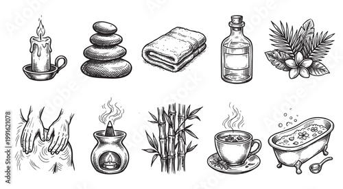 Hand-drawn line art depicts various spa elements including a lit candle, stacked stones, rolled towel, oil bottle, tropical leaves, massage hands, aroma diffuser, bamboo, tea.