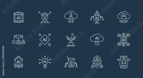 AI Icons Set: Robots, Cloud Computing, Network, Brain, Data Processing, Future Technology