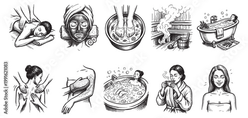 This black and white illustration collection depicts various spa and body care treatments including massage, face mask, foot bath, sauna, bubble bath, and drinking tea, showcasing relaxation.