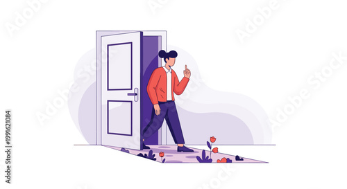 A stylish woman wearing a vibrant orange jacket and dark trousers steps through a pristine white door onto a charming path decorated with purple flowers.