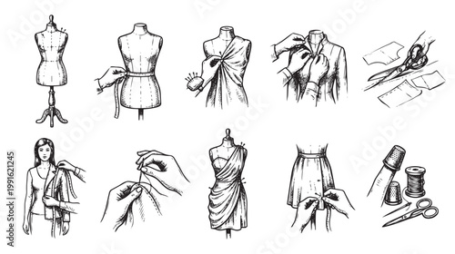 A collection of hand-drawn illustrations depicting various aspects of sewing, tailoring, and fashion design, including mannequins, hands at work, and sewing tools.
