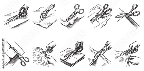 A collection of hand-drawn illustrations depicting various sewing and cutting tools, including scissors and a rotary cutter, working with fabric and patterns.