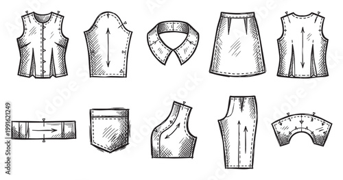 A hand-drawn sketch of various fashion sewing patterns, including vests, sleeves, collars, skirts, and pockets, in a black and white doodle style.