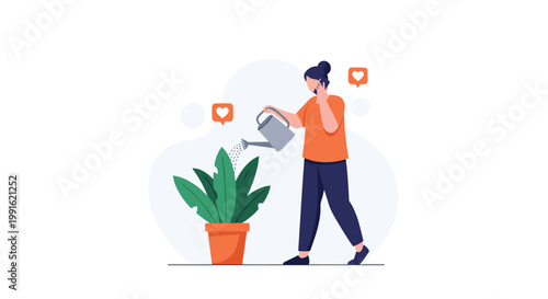 A busy woman wearing an orange shirt and dark pants waters a lush green potted plant while simultaneously talking on her mobile phone with heart icons.