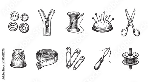 A charming hand-drawn sketch collection of essential sewing tools, including buttons, zipper, thread, pins, scissors, thimble, tape measure, safety pins, needle, and bobbin, perfect for crafts.