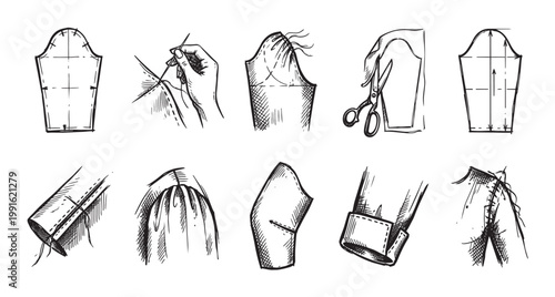 Hand-drawn illustration in black and white shows a series of steps for creating a garment sleeve, including pattern pieces, cutting fabric, and sewing techniques.