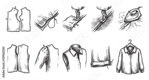 This black and white sketch montage illustrates the process of making clothes, featuring sewing patterns, stitches, a sewing machine, and an iron, suitable for design and DIY content.