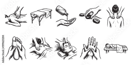 Collection of hand-drawn illustrations depicting various massage techniques, spa equipment, and treatment elements, ideal for wellness and relaxation themes.