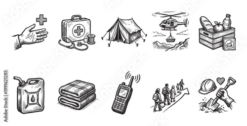 A collection of hand-drawn icons depicts essential items for humanitarian aid including a medical kit, tent, helicopter, food, fuel, blankets, radio, people, and construction tools.