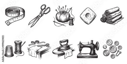 A vintage-style illustration showcases various sewing essentials including a measuring tape, scissors, pincushion, chalk, fabric rolls, thimble, thread, iron, sewing machine, and buttons.