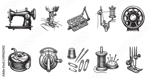 A collection of vintage sewing machine parts and tools including a sewing machine, bobbin, needle, thread spool, and thimble, rendered in a classic black and white sketch style.